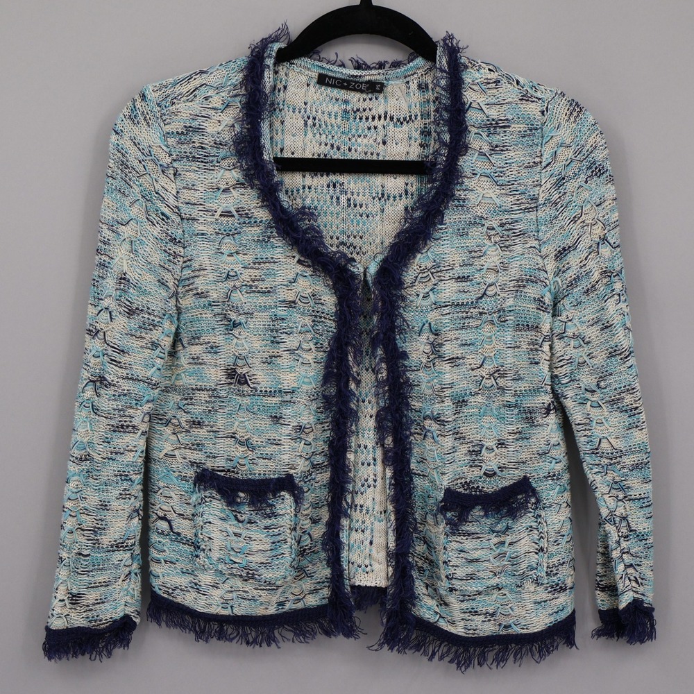 NIC + ZOE Linen Cardigan Womens PS Blue Professional Old Money Quiet Luxury Twee